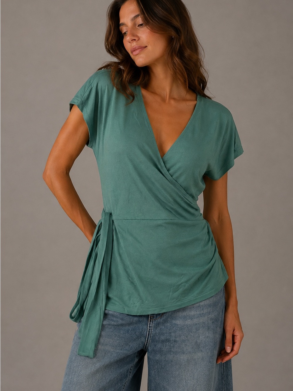 NWT Universal Standard 4XS Green Wrap Top Short Sleeve V Neck Tie Waist